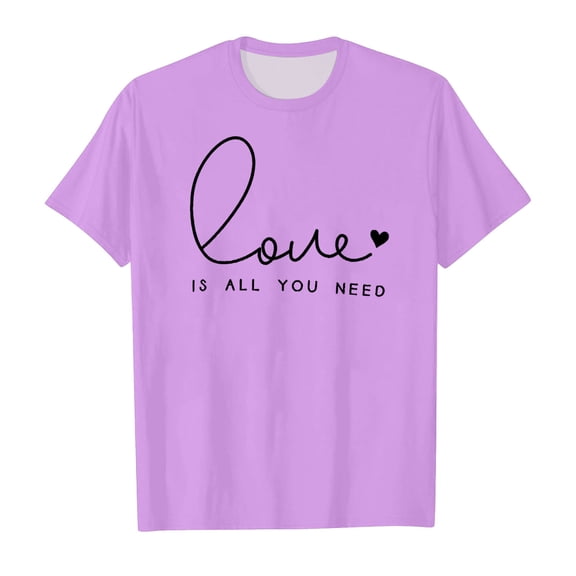 Huowey Girls Tops Valentines Letter Print Short Sleeve Tee Shirts Classic Round Neck Cozy Soft Dailywear Fitted Blouse,Purple,8-9 Years