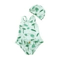 thumbnail image 1 of Huowey Girls Tow Piece Swimsuit Rash Guard Onesized Romper Sleeveless Cartoon Print High Waist Ruffles Tiered Round Neck Jumpsuit With Hat Flounce Bathing Suit a Beach Pool Swimwear,Green,3-4 Years, 1 of 8