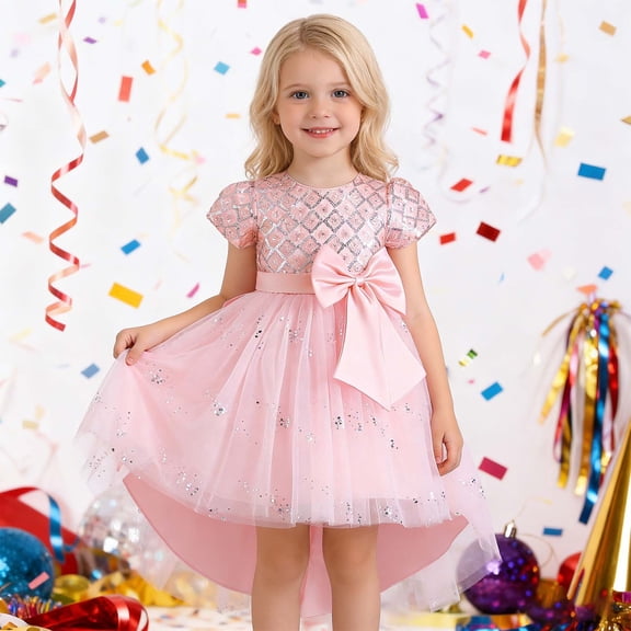 Huowey Girls Tutu Sequins Dress Cap Sleeve Solid Color Glitter High Waist Tulle Long Dresses Party Formal Elegant Wedding Birthday Gowns,Pink,4-5 Years