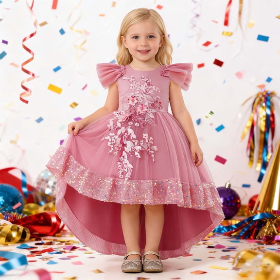 Huowey Girls Tutu Sequins Dress Ruffle Sleeve Solid Color Floral Embroidery Glitter High Waist Tulle Long Dresses Party Formal Elegant Wedding Birthday Gowns,Pink,3-4 Years