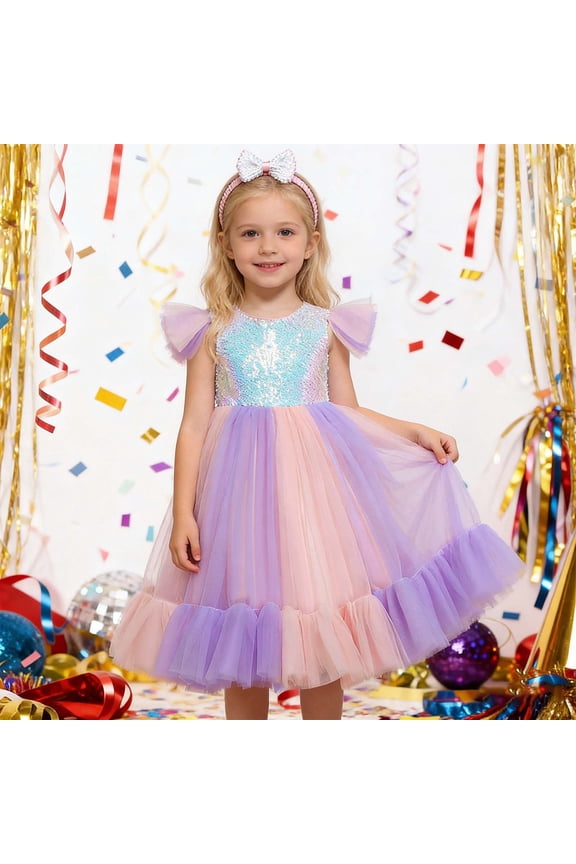 Girls Tutu Sequins Dress Ruffles Sleeveless Rainbow Glitter Tulle Long Dresses With Hairband Party Formal Gown Elegant Outfits,Pink,2-3 Years
