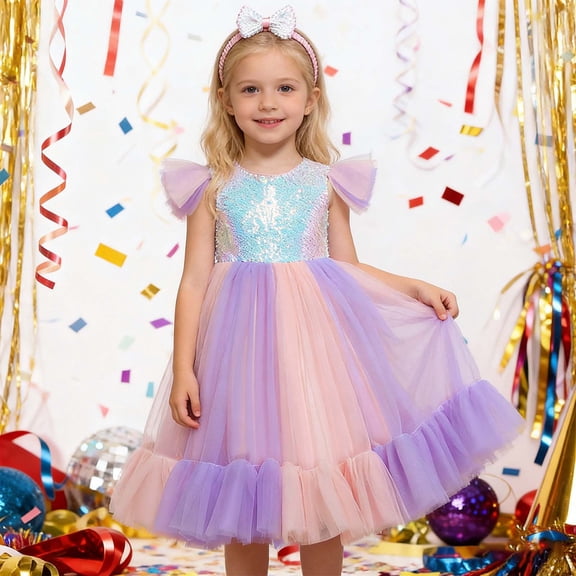 Huowey Girls Tutu Sequins Dress Ruffles Sleeveless Rainbow Glitter Tulle Long Dresses With Hairband Party Formal Gown Elegant Outfits,Pink,6-7 Years