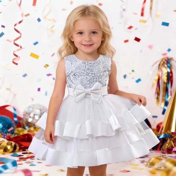 Huowey Girls Tutu Sequins Dresss Sleeveless Solid Color Floral Embroidery Glitter High Waist Tulle Long Dresses Party Formal Elegant Wedding Birthday Gowns,White,2-3 Years