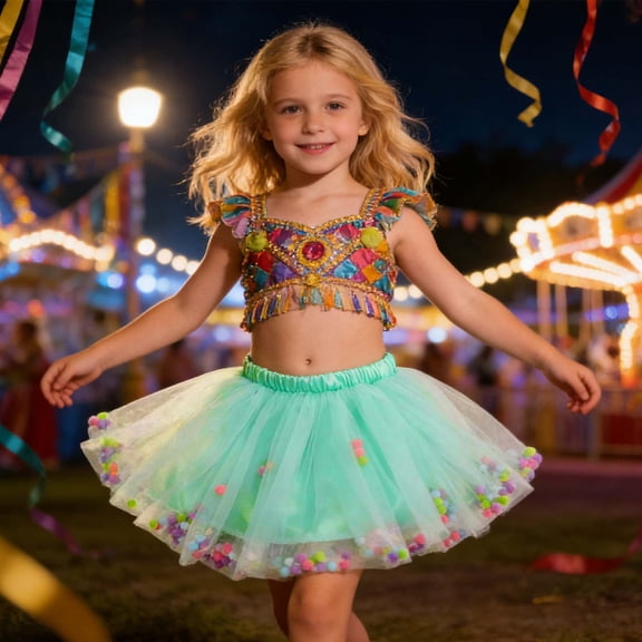 Huowey Girls Tutu Skirt Heart Sequins Polka Dot Ruffles Cute Bow Elastic Waist Layered Tulle Skirts With Sparkly Headband Performance Festive Valentine Party Dancewear Set,Green,3-4 Years