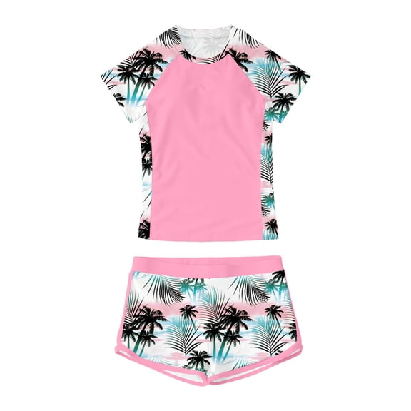 Huowey Children Girls Two Piece Swimwear Set Floral Print Color Block Short Sleeve Crewneck Top Shirts And Shorts Summer Beach Pool Outfits Rash Guard Clothes Set Trendy Bathing Suit,Pink,11-12 Years