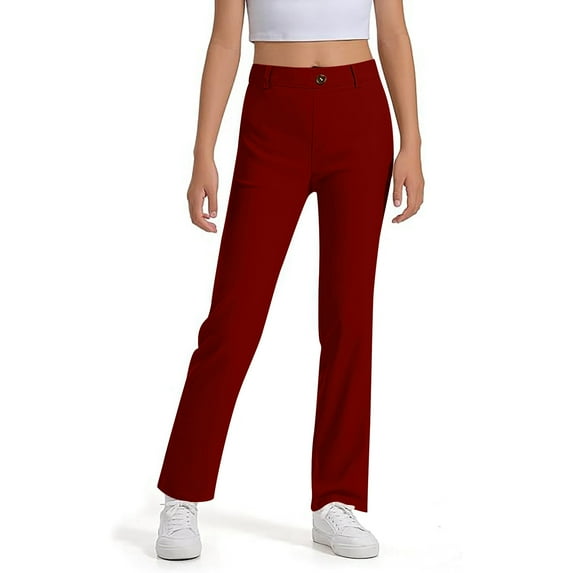 Huowey Girls Uniform Pants Kids Dress Pants Wide Leg High Stretchy With Pockets Pull-On Slim Fit Ponte-Knit Trousers Solid Color Daily Wear,Burgundy,7-8 Years