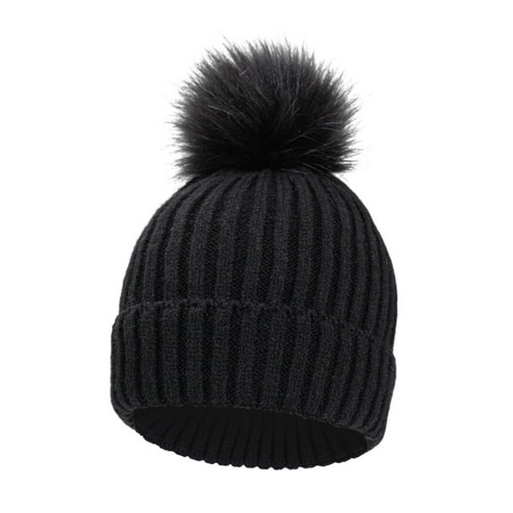 Huowey Girls Winter Hat Knitted Beanie Solid Color Thick Lined Thermal Cap For Infant Boys Stylish Cozy Hat,Black,One Size