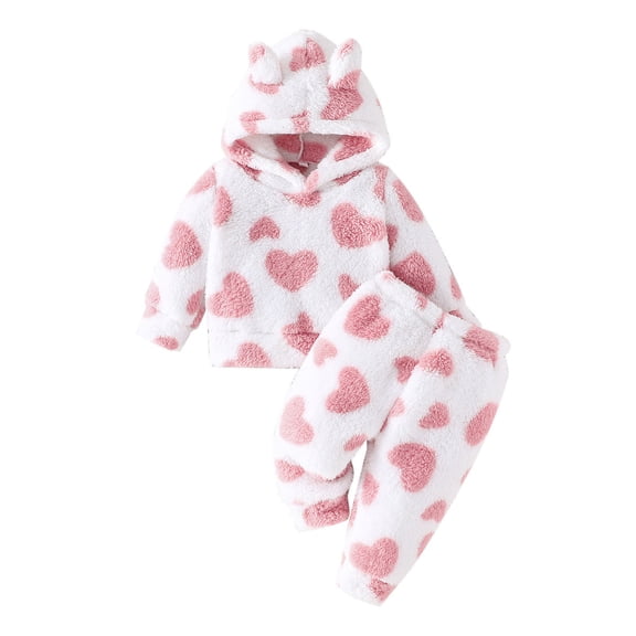 Huowey Girls Winter Outfit Fuzzy Cozy Hoodie Heart Print Sweatshirt Pants Two Piece Valentine'S Day Tracksuit Fall Cold Weather For Toddler Kid Tracksuit Spring Fall Clothes,Pink,18-24 Months