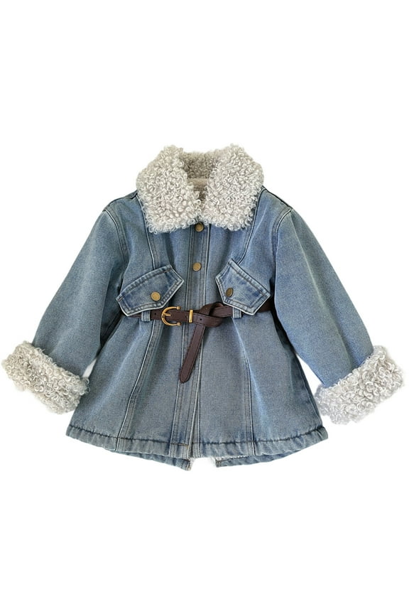 Girls Winter Warm Jean Jacket Stand Collar Wool Liner Denim Coats Thicker Long Length Outerwear With Belts,Blue,3-4 Years