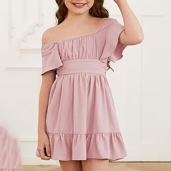 Huowey Girls Youth Summer Dresses Off The Shoulder Solid Color Short Sleeve Smocked Tiered Backless Dress Tween Kids Ruffles High Waist Breathable Ruched Casual Party Beach Dress,Pink,10-11 Years