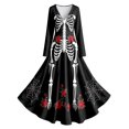 thumbnail image 1 of Huowey Gothic Skeleton Dresses Flowy Halloween Witch Women Elegant Cosplay Party Gown Long Sleeve V-Neck Trendy Photo Dress,Black,L, 1 of 6