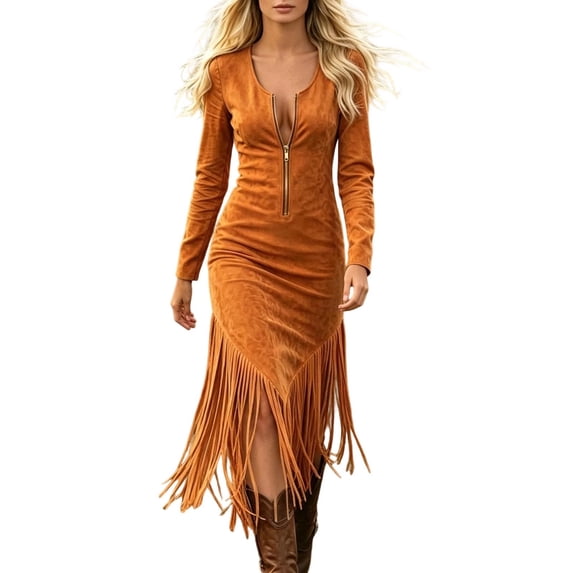 Huowey Halloween For Women Cowgirl Tassels Vintage Dresses Elegant Cosplay Party Gown Half Zip Front Long Sleeve Crew Neck Soft Trick Or Treat Dress,Orange,M