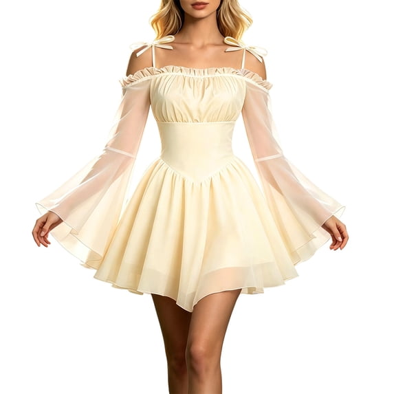 Huowey Halloween For Women Fairy Renaissance Elf Dresses Off Shoulder Bohemian Cosplay Party Gown Long Sleeve Spaghetti Strap Soft Photo Dress,Yellow,XXL