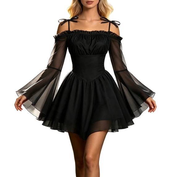 Huowey Halloween Costumes For Women Fairy Renaissance Elf Dresses Off Shoulder Bohemian Cosplay Party Gown Long Sleeve Spaghetti Strap Soft Trick Or Treat Dress,Black,XXL