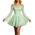thumbnail image 1 of Huowey Halloween For Women Fairy Renaissance Elf Dresses Off Shoulder Bohemian Cosplay Party Gown Long Sleeve Spaghetti Strap Soft Trick Or Treat Dress,Light Green,S, 1 of 8
