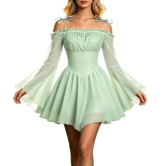 Huowey Halloween For Women Fairy Renaissance Elf Dresses Off Shoulder Bohemian Cosplay Party Gown Long Sleeve Spaghetti Strap Soft Trick Or Treat Dress,Light Green,S