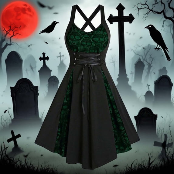Huowey Halloween For Women Gothic Dresses LaceâUp Waist Fancy Cosplay Party Gown V-Neck Spaghetti Strap Elegant Halloween Dress,Green,M