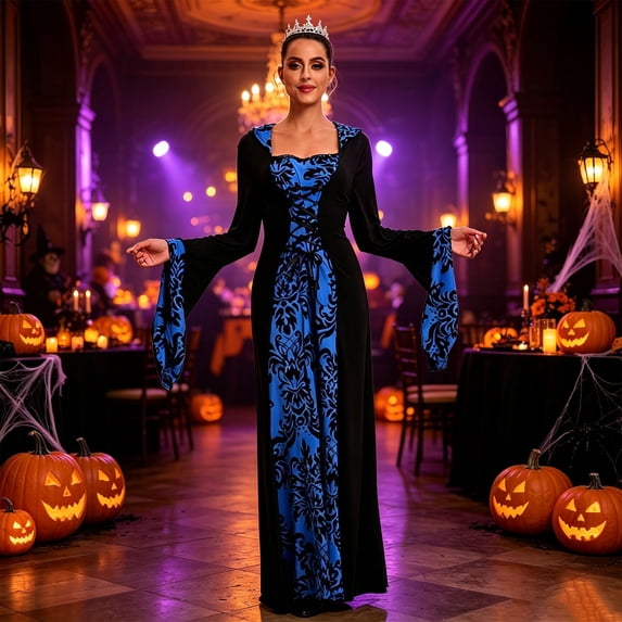 Huowey Halloween For Women Vampire Gothic Dresses LaceâUp Waist Fancy Cosplay Party Gown Floral Graphic Square Neck Long Sleeve Elegant Halloween Dress,Blue,XXL
