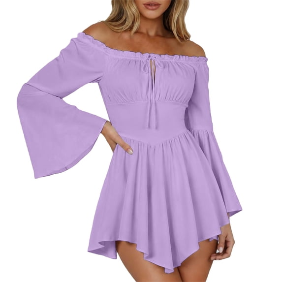 Huowey Halloween For Women Witch Vampire Off Shoulder Gothic Dresses Elegant Cosplay Party Gown Irregular Hem Batwing Sleeve Trendy Photo Dress,Light Purple,XL