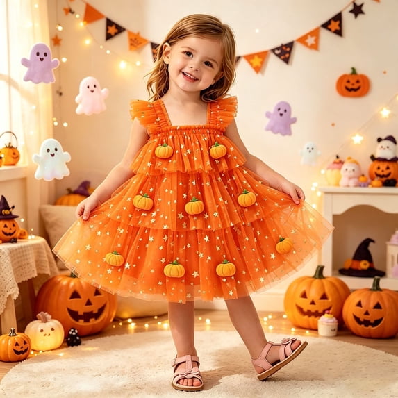 Huowey Halloween Dresses For Girls Baby Pumpkin Princess Dress-Up Party Sequins Fly Sleeve Square Neck Tulle Dress Trick Or Treat Eye-Catching Festivals Clothes,Red,3-4 Years