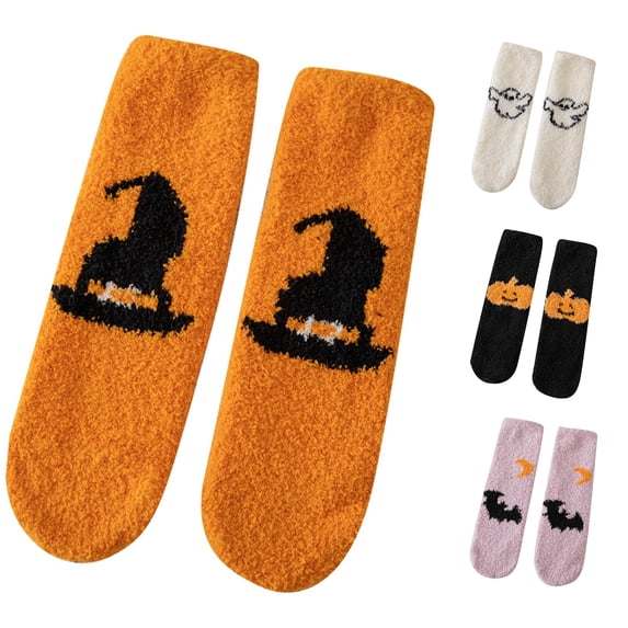 Huowey Halloween Fuzzy Socks For Men Women Crew Socks Pumpkin Ghost Bat Pattern Halloween Gift Fall Winter Warm Cozy Festival Party Lounging Home Socks,Orange