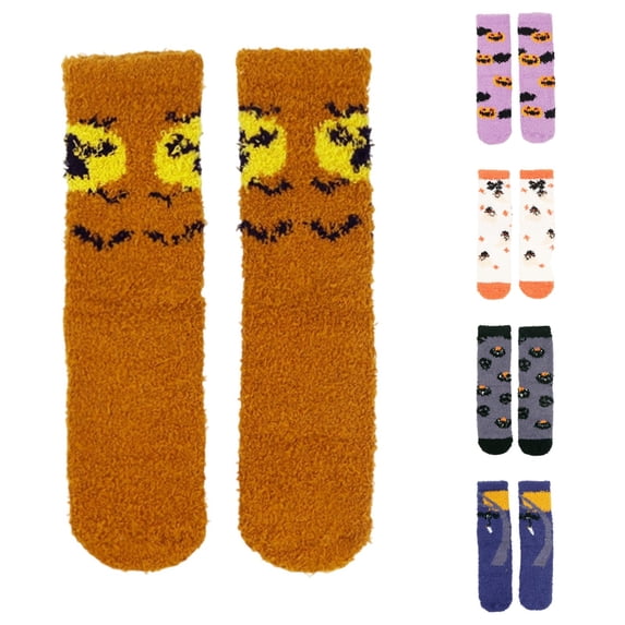 Huowey Halloween Fuzzy Crew Socks For Men Women Pumpkin Ghost Pattern Halloween Gift Fall Winter Warm Soft Festival Party Lounging Home Socks,Coffee