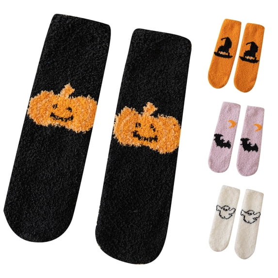 Huowey Halloween Fuzzy Socks For Women Men Crew Socks Pumpkin Ghost Bat Pattern Halloween Gift Fall Winter Warm Soft Festival Party Lounging Home Socks,Black