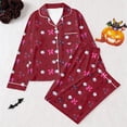 thumbnail image 1 of Huowey Halloween Pajama Set For Women Long Sleeve Button Down Tops And Pants 2 PC Bow Ghost Pumpkin Graphic Lapel Soft Daily Sleepwear,Wine,L, 1 of 2