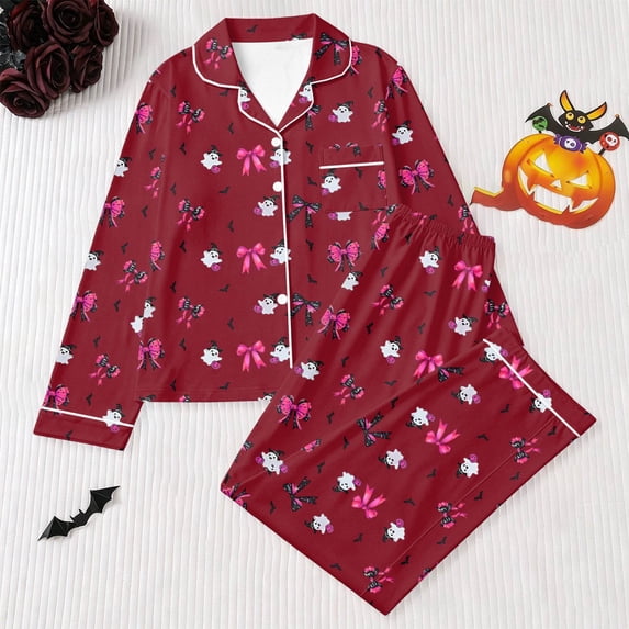 Huowey Halloween Pajama Set For Women Long Sleeve Button Down Tops And Pants 2 PC Bow Ghost Pumpkin Graphic Lapel Soft Daily Sleepwear,Wine,L