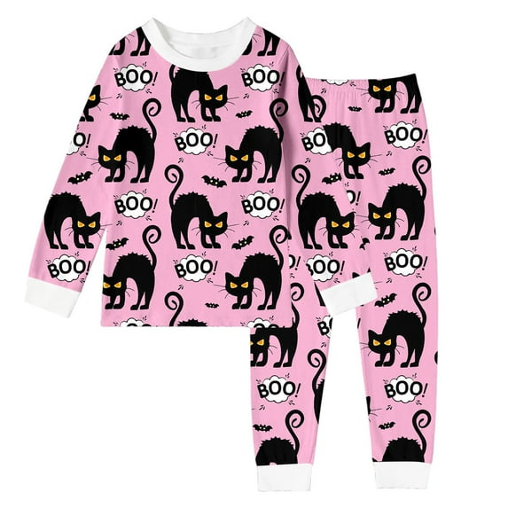 Huowey Halloween Pajamas Big Boy Girls Crew Neck Cute Print Pajama Sets Long Sleeve Lovely Sleepwear 2 Piece Pjs Multiple Cartoon Jammies Pajama,Pink,9-10T