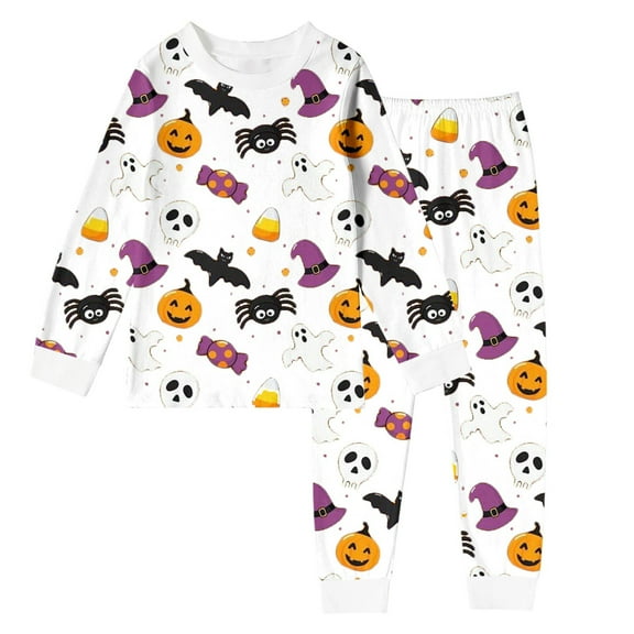 Huowey Halloween Pajamas Big Boy Girls Crew Neck Cute Print Pajama Sets Long Sleeve Lovely Sleepwear 2 Piece Pjs Multiple Cartoon Jammies Pajama,White,3-4T