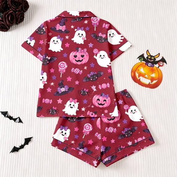 Huowey Halloween Pajamas For Women Set Short Sleeve Button Down Tops And Shorts 2 PC Bow Ghost Pumpkin Graphic Lapel Cute Summer Sleepwear,Wine,M