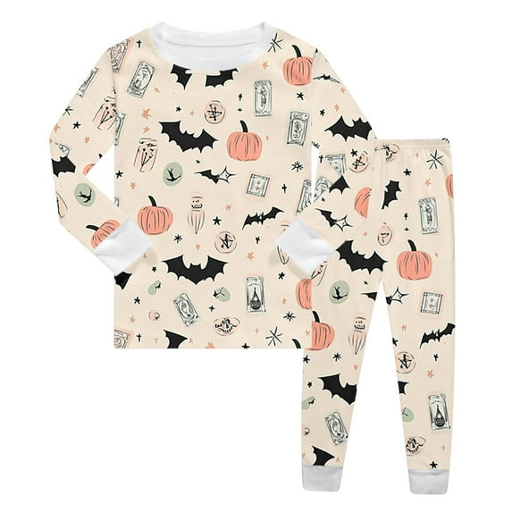 Huowey Halloween Pajamas Kids Boys Girls Crew Neck Cute Print Pajama Sets Long Sleeve Lovely Sleepwear 2 Piece Pjs Multiple Cartoon Jammies Sleepwear,Beige,3-4 Years