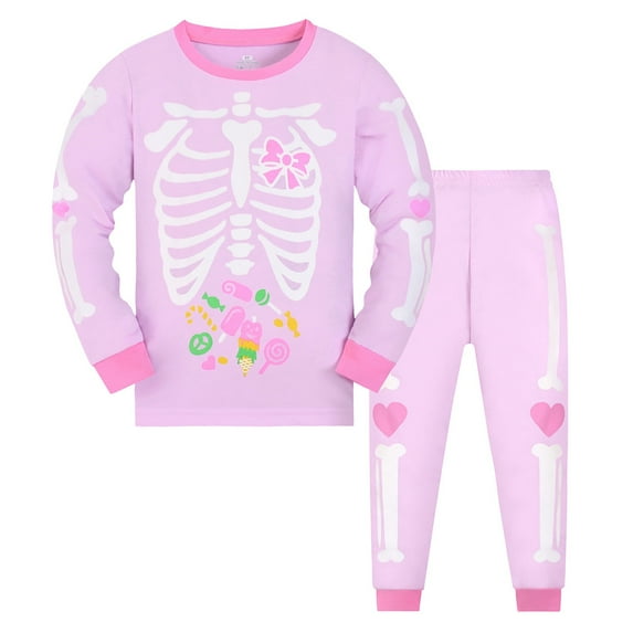 Huowey Halloween Pajamas Kids Boys Round Neck Long Sleeve Top With Pants Glow In The Dark Skeleton Candy Pjs Dinosaur Sleepwear Kids Halloween Clothes Loungewear,Pink,5-6 Years