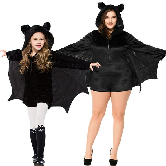 Huowey Halloween Pajamas Matching Family Set Cute Batwing Sleeve Hoodies Jumpsuit Long Sleeve Full Zipper With Shorts Stage Performance Party Outfit For Girls,Black,L