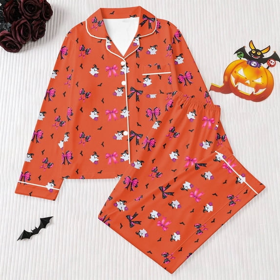 Huowey Halloween Pajamas Women 2 PC Long Sleeve Button Down Tops And Pants Set Bow Ghost Pumpkin Graphic Lapel Leisure Summer Loungewear,Orange,M