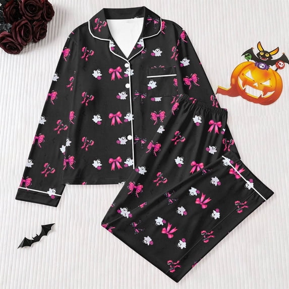 Huowey Halloween Pajamas Women 2 PC Long Sleeve Button Down Tops And Pants Set Bow Ghost Pumpkin Graphic Lapel Soft Summer Loungewear,Black,L
