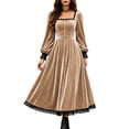 thumbnail image 1 of Huowey Halloween Renaissance Women Witch Vampire Gothic Dresses Elegant Cosplay Party Gown Lace Square Neck Long Sleeve Eye-Catching Photo Dress,Khaki,XXXXL, 1 of 4