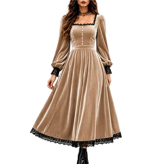 Huowey Halloween Renaissance Women Witch Vampire Gothic Dresses Elegant Cosplay Party Gown Lace Square Neck Long Sleeve Eye-Catching Photo Dress,Khaki,XXXXL