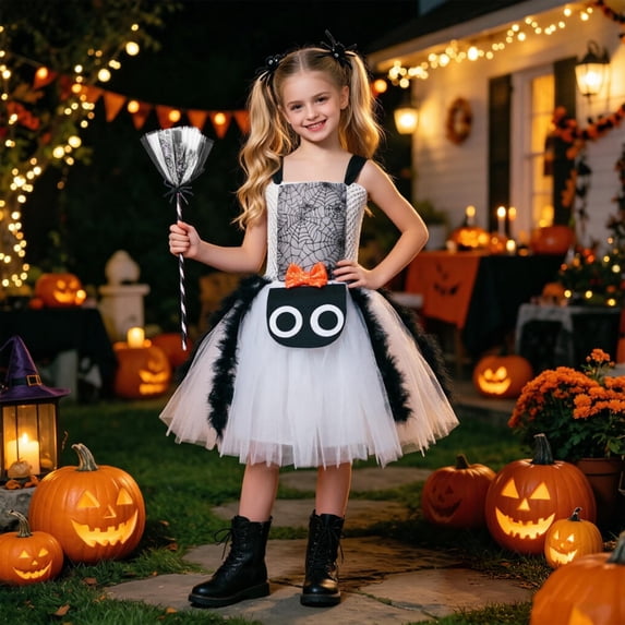 Huowey Halloween Spider Dresses For Girls Baby Mesh Graphic Tutu Fuzzy Dress-Up Party Tulle Dress Square Neck Wide Strap Trick Or Treat Eye-Catching Festival Clothes,White,4-5 Years
