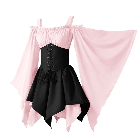 Huowey Halloween Vampire Women Witch Off Shoulder Gothic Dresses Elegant Cosplay Party Gown Irregular Hem Batwing Sleeve Eye-Catching Photo Dress,Pink,S