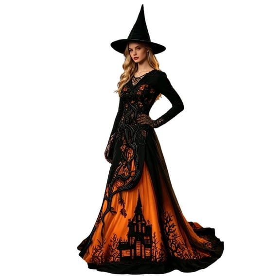 Huowey Halloween Witch Women Castle Graphic Gothic Dresses Cosplay Party Gown Slim Fit Long Sleeve Crew Neck Soft Trick Or Treat Dress,Orange,S