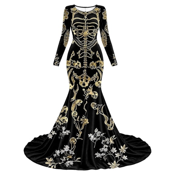 Huowey Halloween Witch Women Gothic Skeleton Dresses Elegant Cosplay Party Gown Slim Fit Long Sleeve Crew Neck Trendy Photo Dress,Black,M