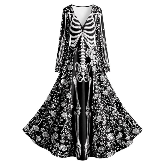 Huowey Halloween Witch Women Gothic Skeleton Dresses Elegant Cosplay Party Gown Slim Fit Long Sleeve V-Neck Trendy Trick Or Treat Dress,Black,L