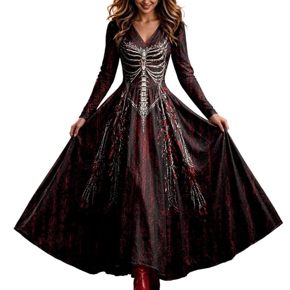 Huowey Halloween Witch Women Gothic Skeleton Dresses Flowy Elegant Cosplay Party Gown Long Sleeve V-Neck Eye-Catching Trick Or Treat Dress,Red,XL
