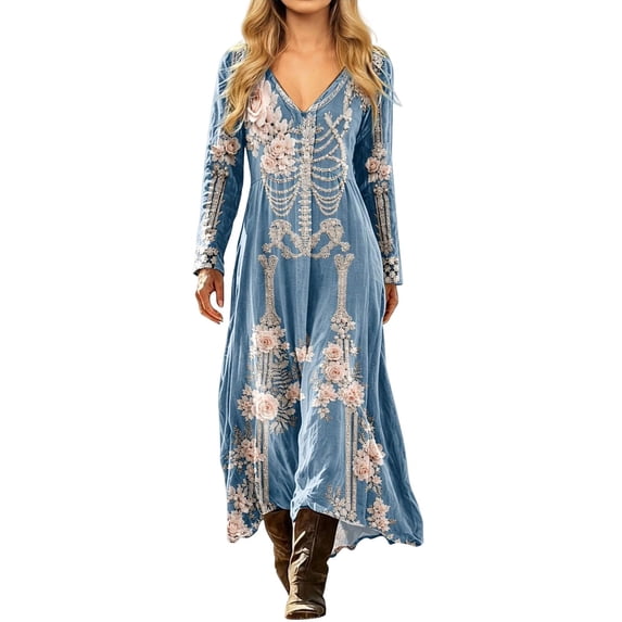Huowey Halloween Witch Women Gothic Skeleton Dresses Flowy Elegant Cosplay Party Gown Long Sleeve V-Neck Soft Trick Or Treat Dress,Light Blue,S