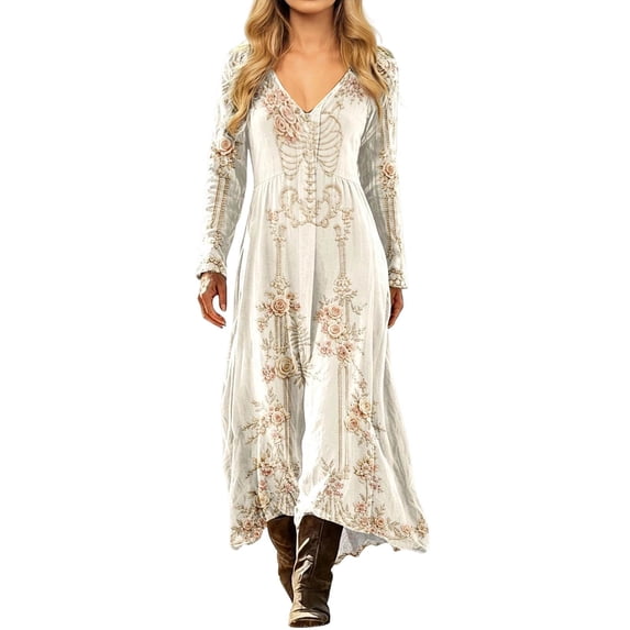 Huowey Halloween Witch Women Gothic Skeleton Dresses Flowy Elegant Cosplay Party Gown Long Sleeve V-Neck Trendy Trick Or Treat Dress,Beige,XXXL