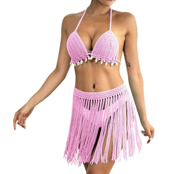 Huowey Hand Crocheted Women 2PCS Set Patchwork Fringe Bikini Tops And Skirt Outfit Boho Bathing Suit Honeymoon Cruise Trendy Wear