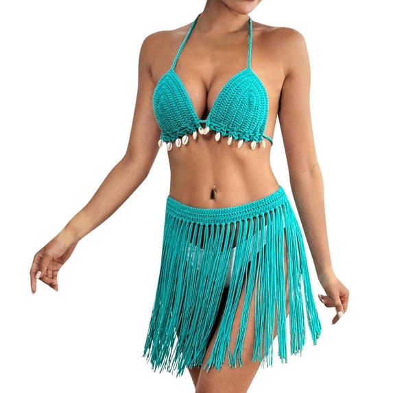 Huowey Hand Crocheted Women 2PCS Set Patchwork Fringe Bikini Tops And Skirt Outfit Brazilian Beachwear Honeymoon Cruise Trendy Wear