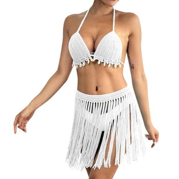 Huowey Hand Crocheted Women 2PCS Set Patchwork Fringe Bikini Tops And Skirt Outfit Resort Swim Wear Honeymoon Cruise Trendy Wear